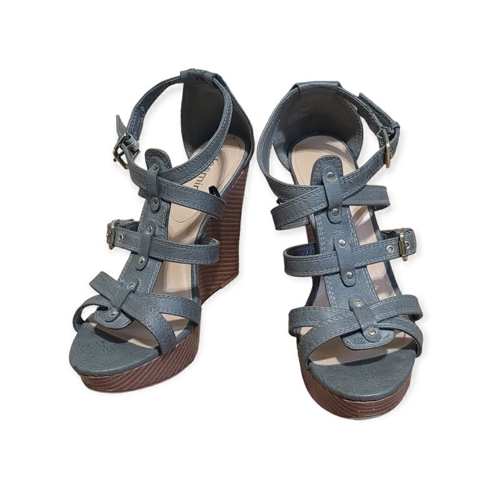 Grey Strappy Studded Wedge